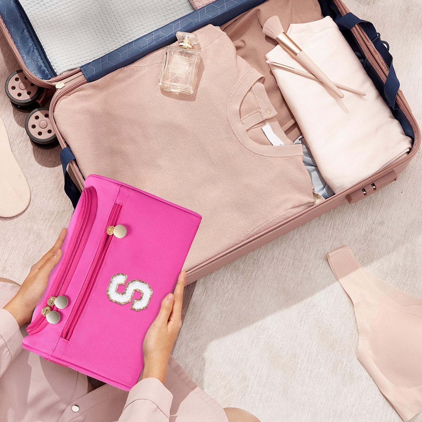 COSHAYSOO Cool First Communion Confirmation Gifts Baptism Dance Recital Trip Favor Gifts for Women Teen Girls Travel, Monogrammed Initial Hanging Toiletry Bag Waterproof Toiletries Hot Pink Letter J