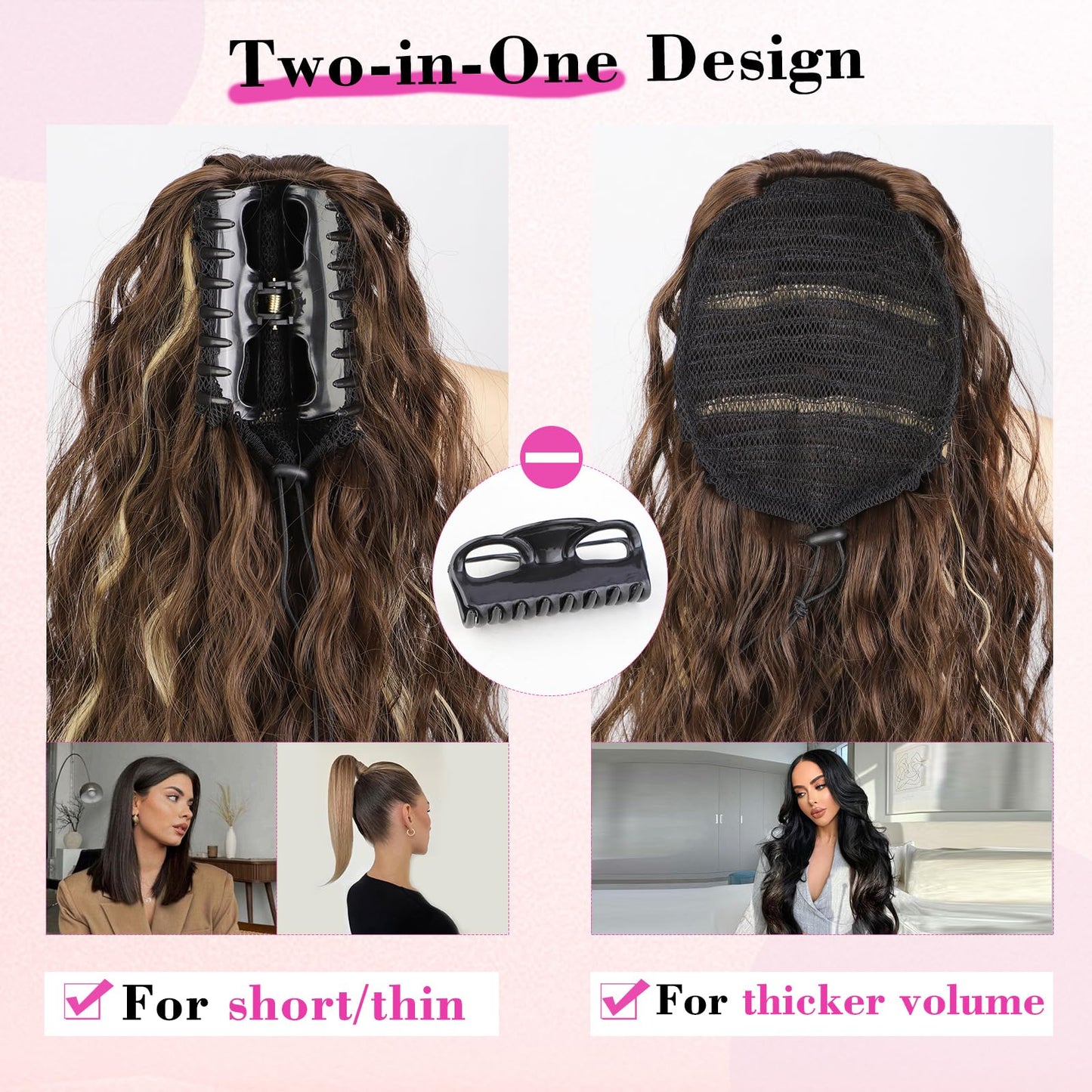 QGZ Ponytail Extension 26 Inch Claw Clip in Ponytail Extensions Long Wavy Curly Fluffy Pony Tails Hair Extensions Synthetic Hairpieces for Women(Brown with Blonde Highlights)