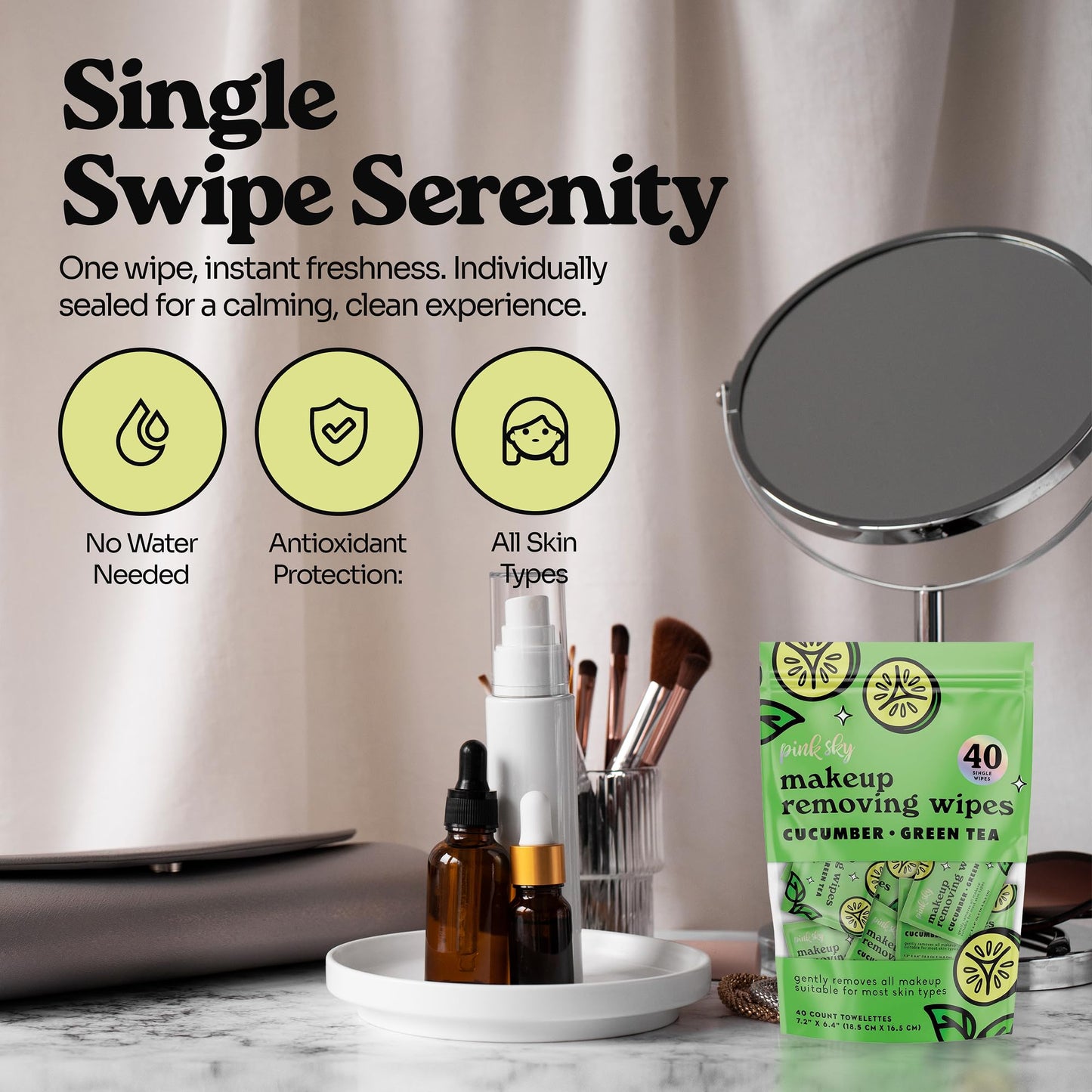 Pink Sky Makeup Remover Wipes for Face - Ultra Soft, Mini Makeup Wipes Individually Wrapped, Travel Makeup Wipes, Gently Cleanse & Remove, 40 Count (40 Wipes, CUCUMBER & GREEN TEA)