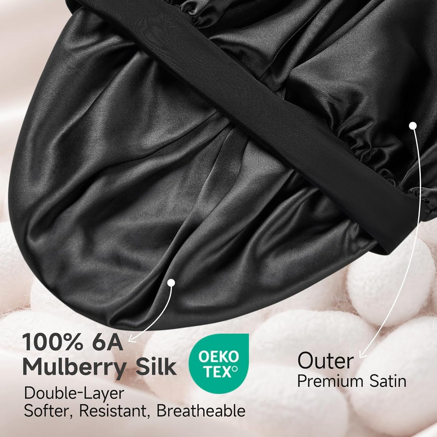 22 Momme Mulberry Silk Bonnet for Women - Double-Sided Non-Slip Sleep Cap for Long Curly Hair, Adjustable Band, Ebony