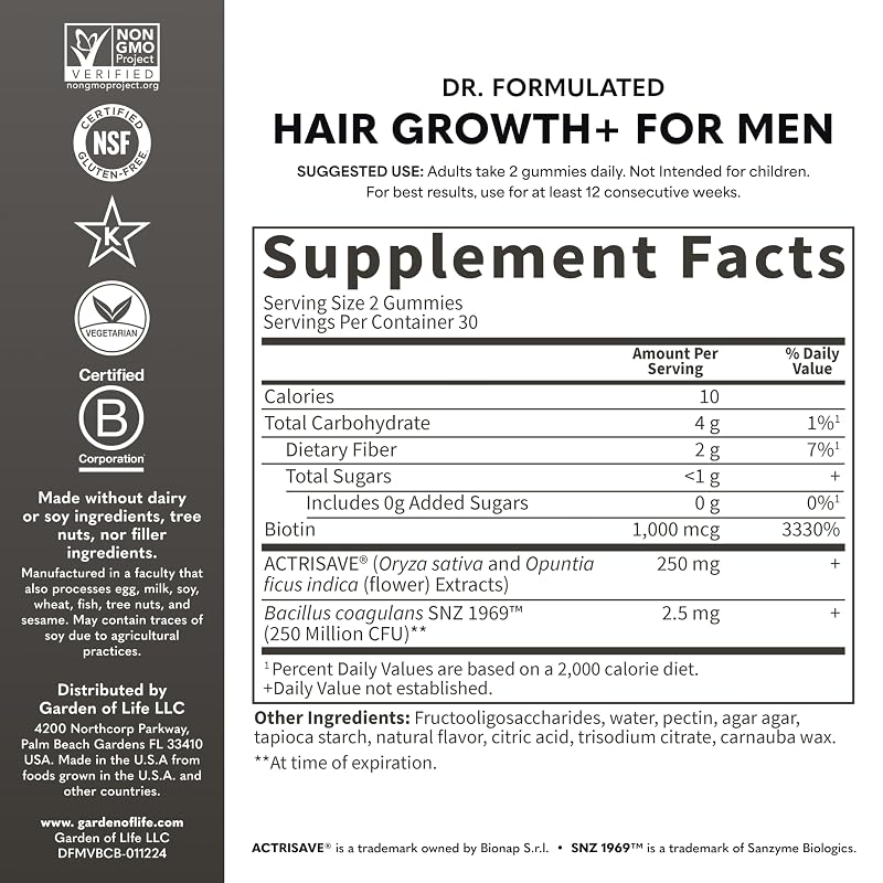 Men's Hair Growth Gummies 60 Count - Biotin 1000mcg per 2 Gummies, Garden of Life Dr. Formulated