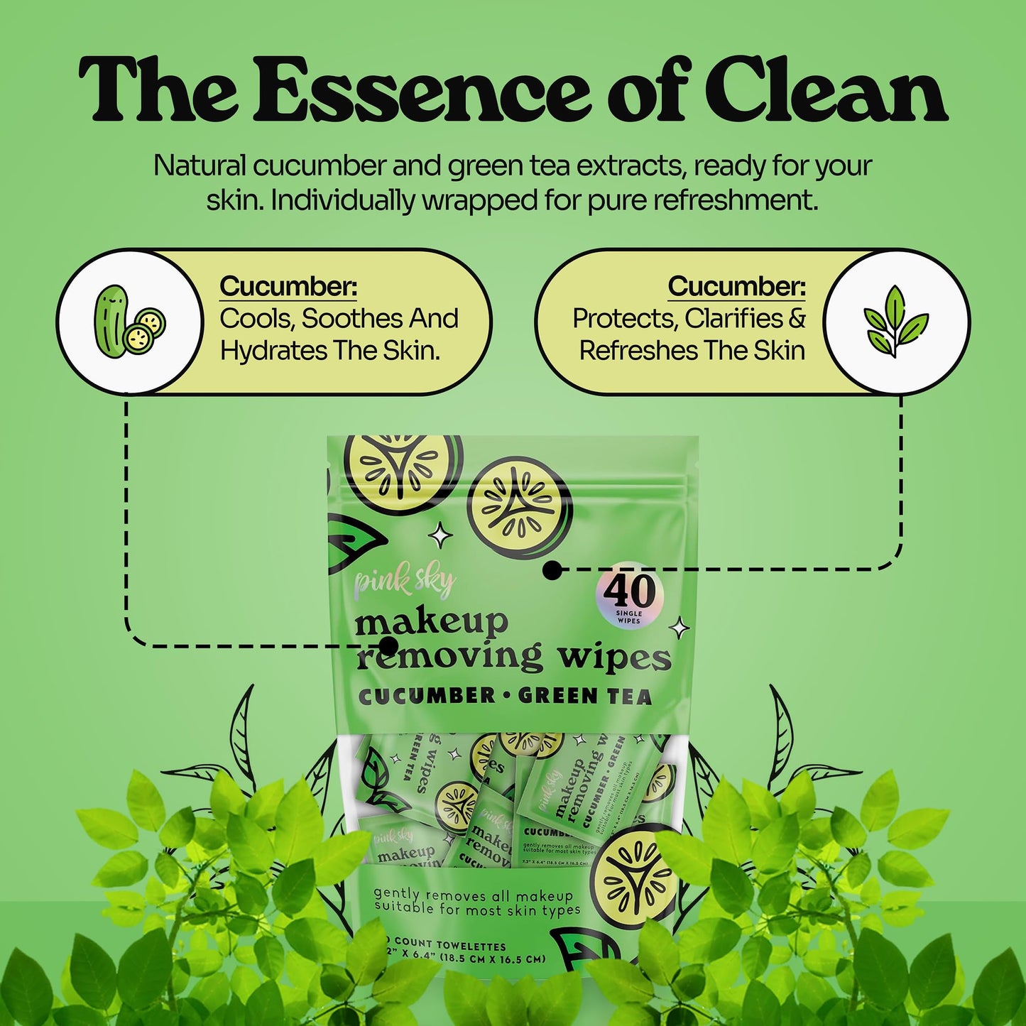 Pink Sky Makeup Remover Wipes for Face - Ultra Soft, Mini Makeup Wipes Individually Wrapped, Travel Makeup Wipes, Gently Cleanse & Remove, 40 Count (40 Wipes, CUCUMBER & GREEN TEA)