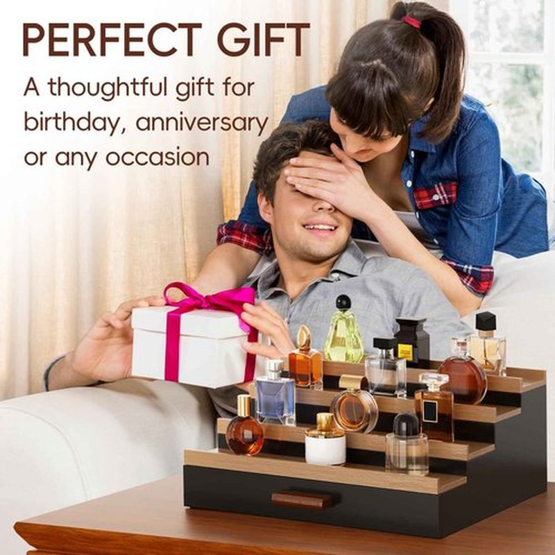 4 Tier Cologne Organizer for Men, Wooden Cologne Stand, Perfume Display Stand with Felt Lining Drawer & 2 Hidden Compartments, Gift for Men, Walnut