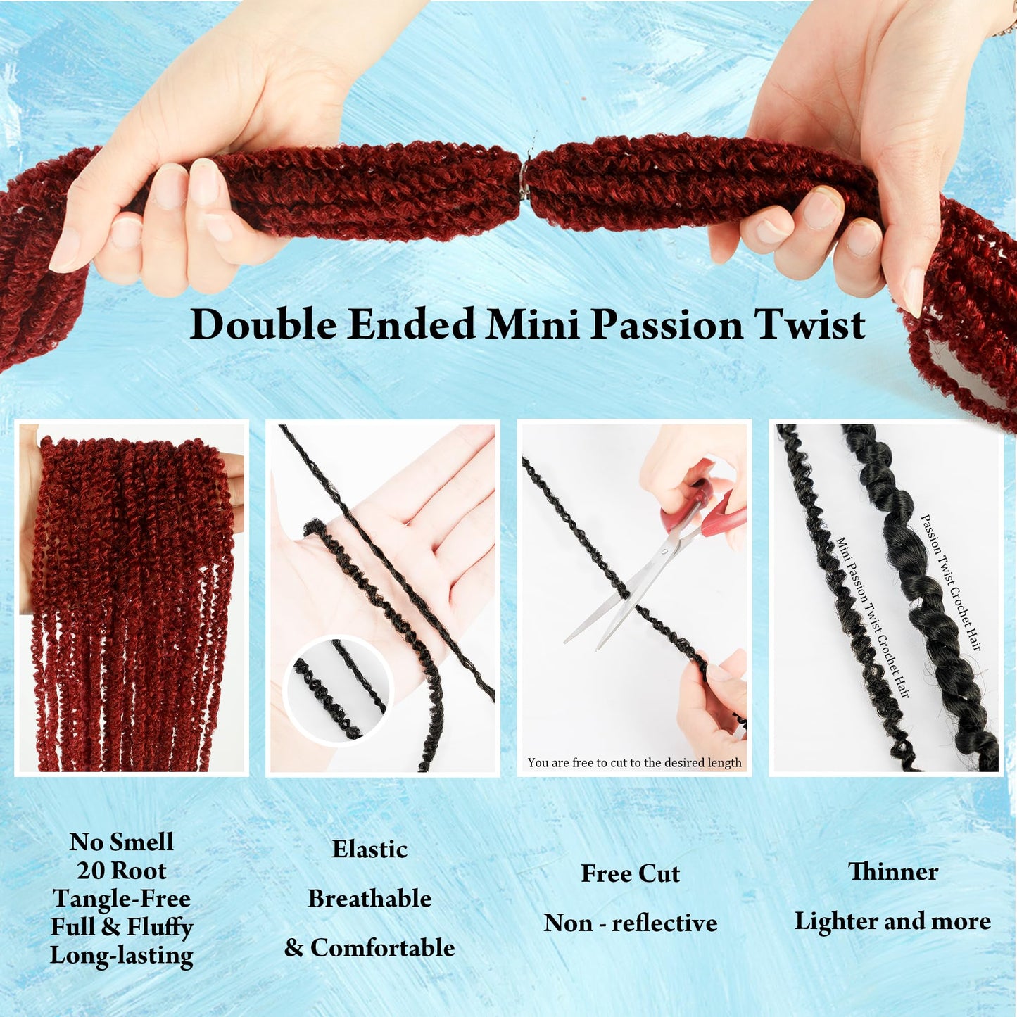 Mini Passion Twist Crochet Hair for Black Women-10 Inches 6 Packs Pure Burgundy Pre Twisted Elastic and Cuttable Hair Extensions,Braided by Soft Synthetic Twist Bohemian Curl(10"-6P,BUG#)