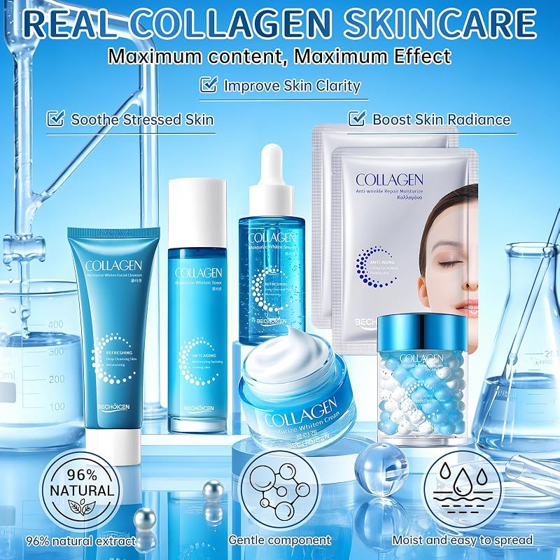 Collagen Skincare 7-Piece Set for Women – Cleanser, Toner, Serum, Eye Cream, Moisturizer & 2 Masks – Hydrating & Firming (Blue 1 Count)