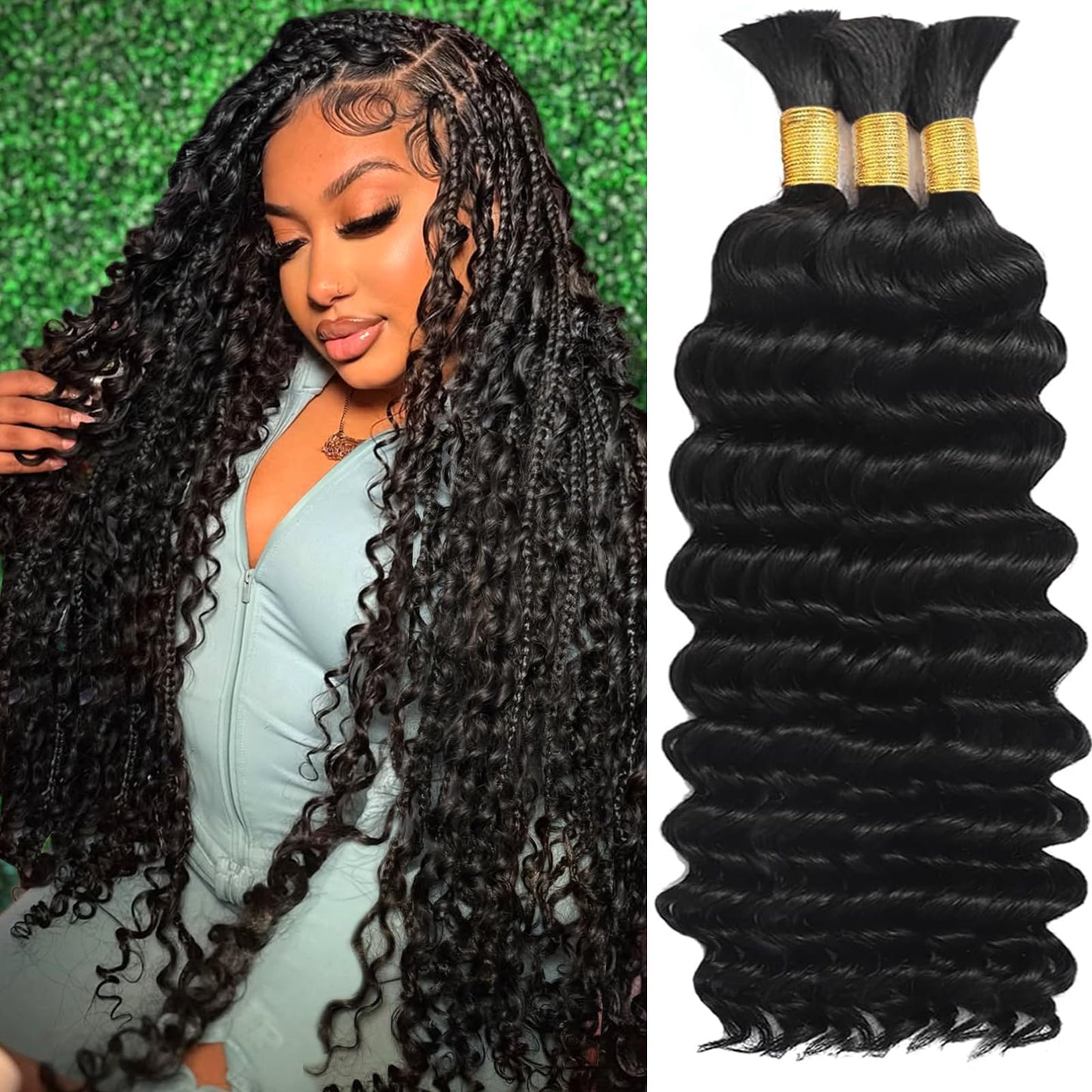 Human Braiding Hair for Boho Braids 120g 12A Deep Water Wave Bulk Human Hair Knotless Boho Braiding Curly 100% Virgin No Weft Extensions Bohemian Braids 3 Bundles/Pack Natural Color 24 Inch