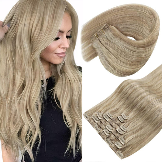 Sunny Hair Clip in Hair Extensions Straight Human Hair Clip in Extensions Remy Clip in Hair Extensions Real Human Hair Extensions Clip ins Golden Blonde Highlights Light Blonde 18inch