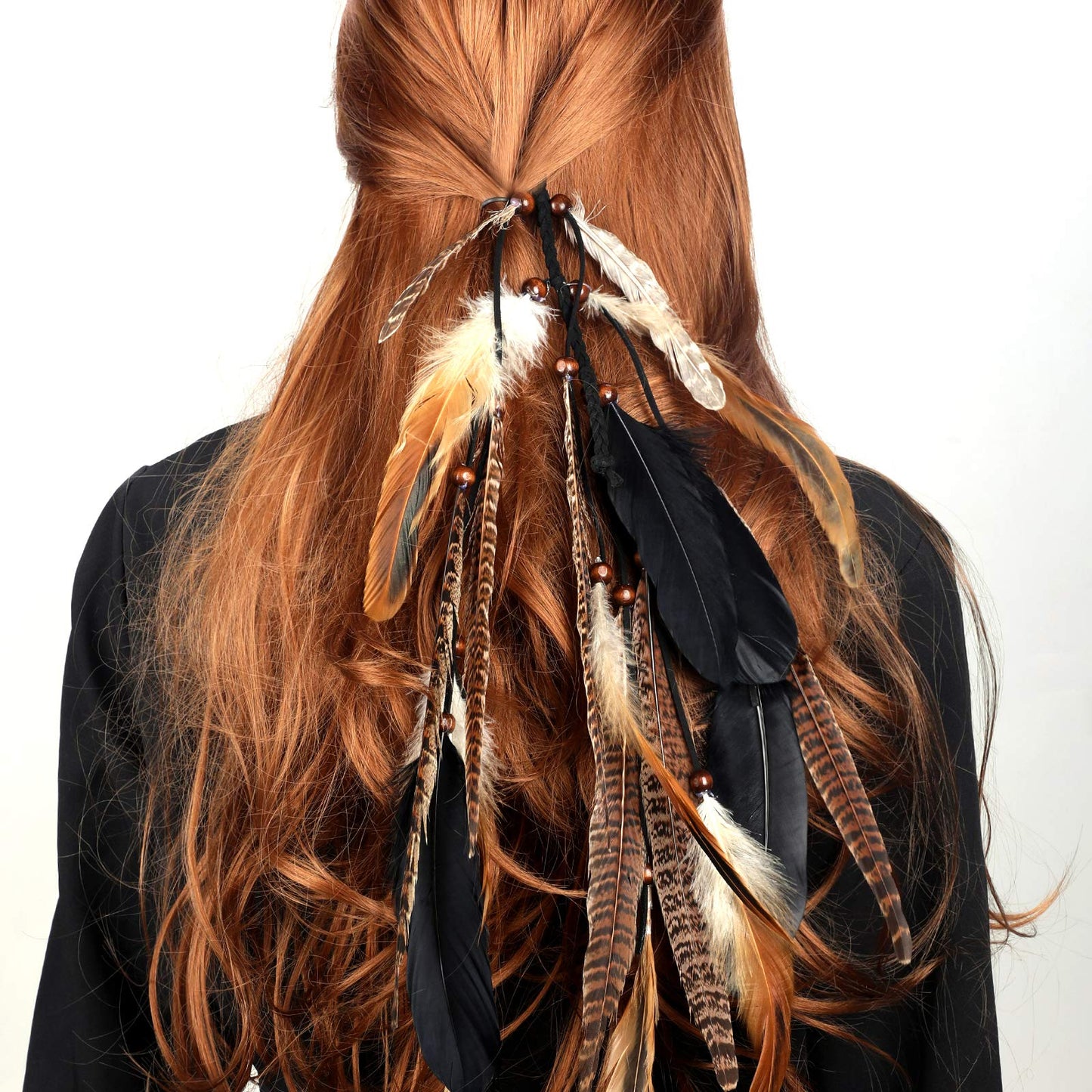 MWOOT 2Pcs Feather Hair Clip-in Extensions for Women Halloween Cosplay Costume Carnival Party Headdress, Handmade Bohemian Hippie Hair Clip Comb, Mixed Peacock Pheasant Tails Feather Clips Black Brown