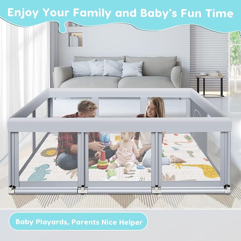 Fshibila 74 x 50 Inch Baby Playpen with Mat, Large Indoor/Outdoor Play Yard, Breathable Mesh Safety Fence, Grey