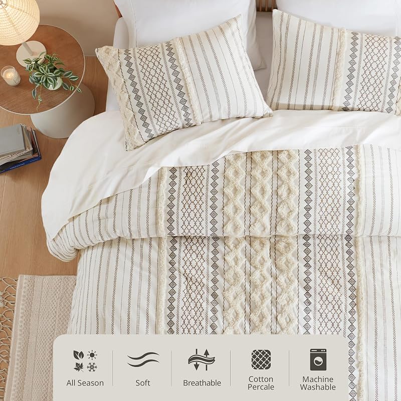 Imani King/Cal King Comforter Set for Bed – Ivory 3pc Cotton Chenille Tufted Boho, All-Season
