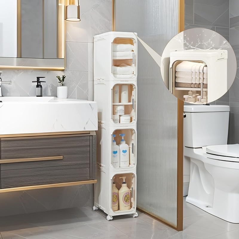 5-Tier Narrow Storage Cabinet Slim Bathroom Tall Skinny Organizer - Beige (Variation: Beige+5-tier)