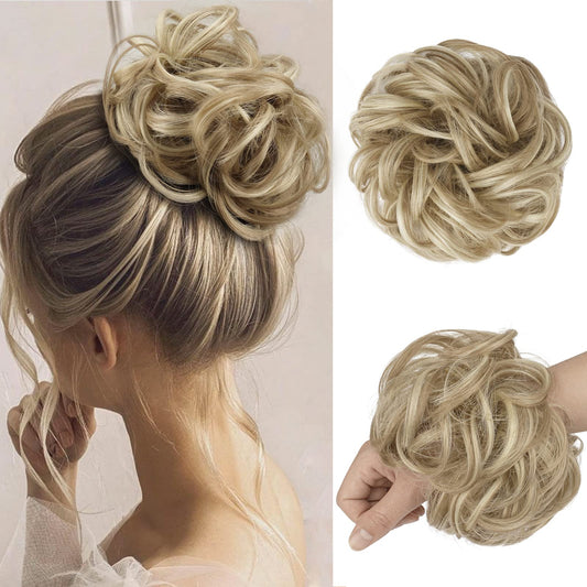FESHFEN Messy Bun Hair Pieces - Large Wavy Curly Elastic Hair Bun Scrunchies Ponytail Extensions Synthetic Chignon Hairpieces for Women, Dirty Blonde 1.94oz