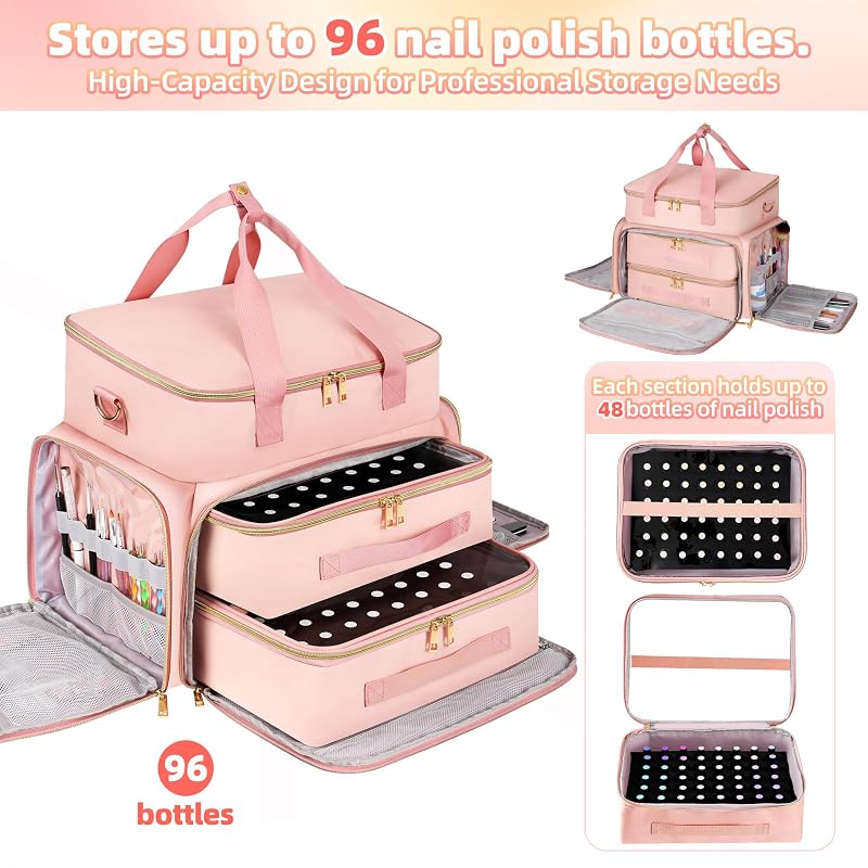 Derstuwe Nail Polish Organizer Case – 96 Bottle Capacity with Hard Bottom & Lamp Compartment (Pink)