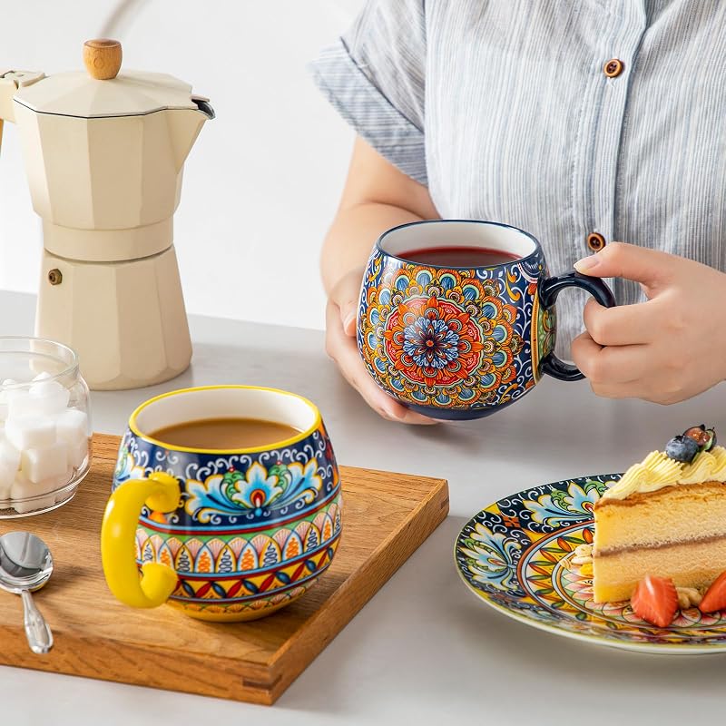 18oz Set of 6 Ceramic Coffee Mugs - Colorful Bohemian SIMI Dinnerware