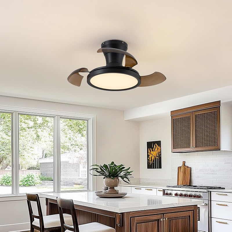28 In Retractable Ceiling Fan with Light, Dimmable 6-Speed, Remote Control, Black & Brown Blades