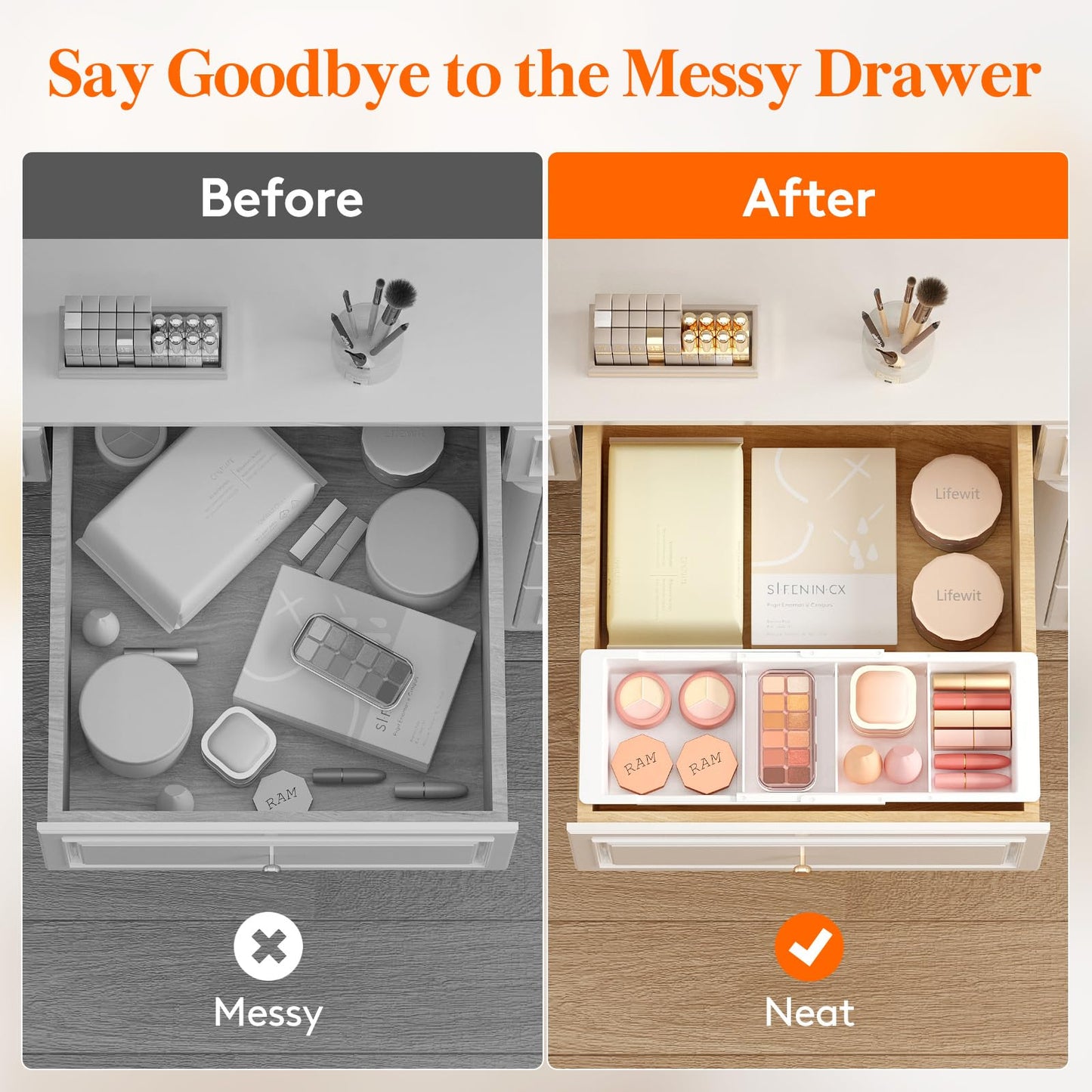 Lifewit 2 Pack Sliding Makeup Drawer Organizer Trays with Inserts, Extendable Hanging Desk Drawer Divider, 14-23" Long/1.8" High Plastic Organizer Tray in Vanity/Bathroom/Office/Kitchen, White