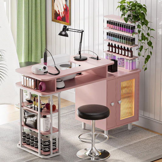 Kikihouse Manicure Table with LED Light, Nail Desk Nail Tech Table w/Dust Collector & Charging Station, Nail Station w/Removable Acrylic Storage Shelf, Drawers & Glass Door Cabinet, Pink