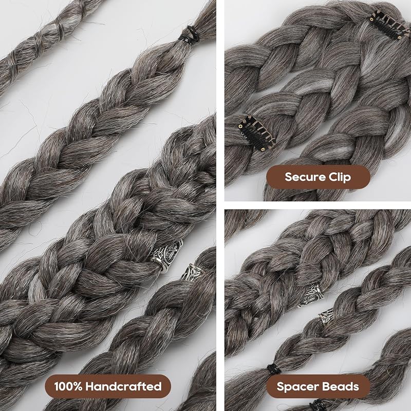 NTYNTY 24" Viking Hair Extensions for Men - Clip-In Braided Ponytail, Silver Gray