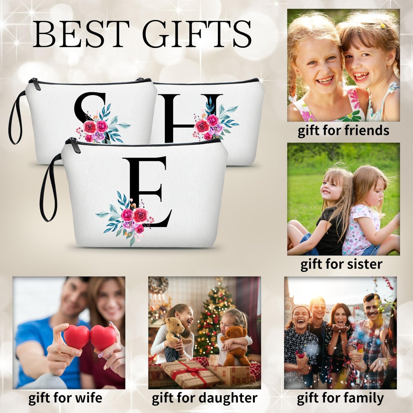 Friendship Gifts for Women Friends Bride Initial Makeup Cosmetic Bag With Mirror Women Birthday Gifts,(E)