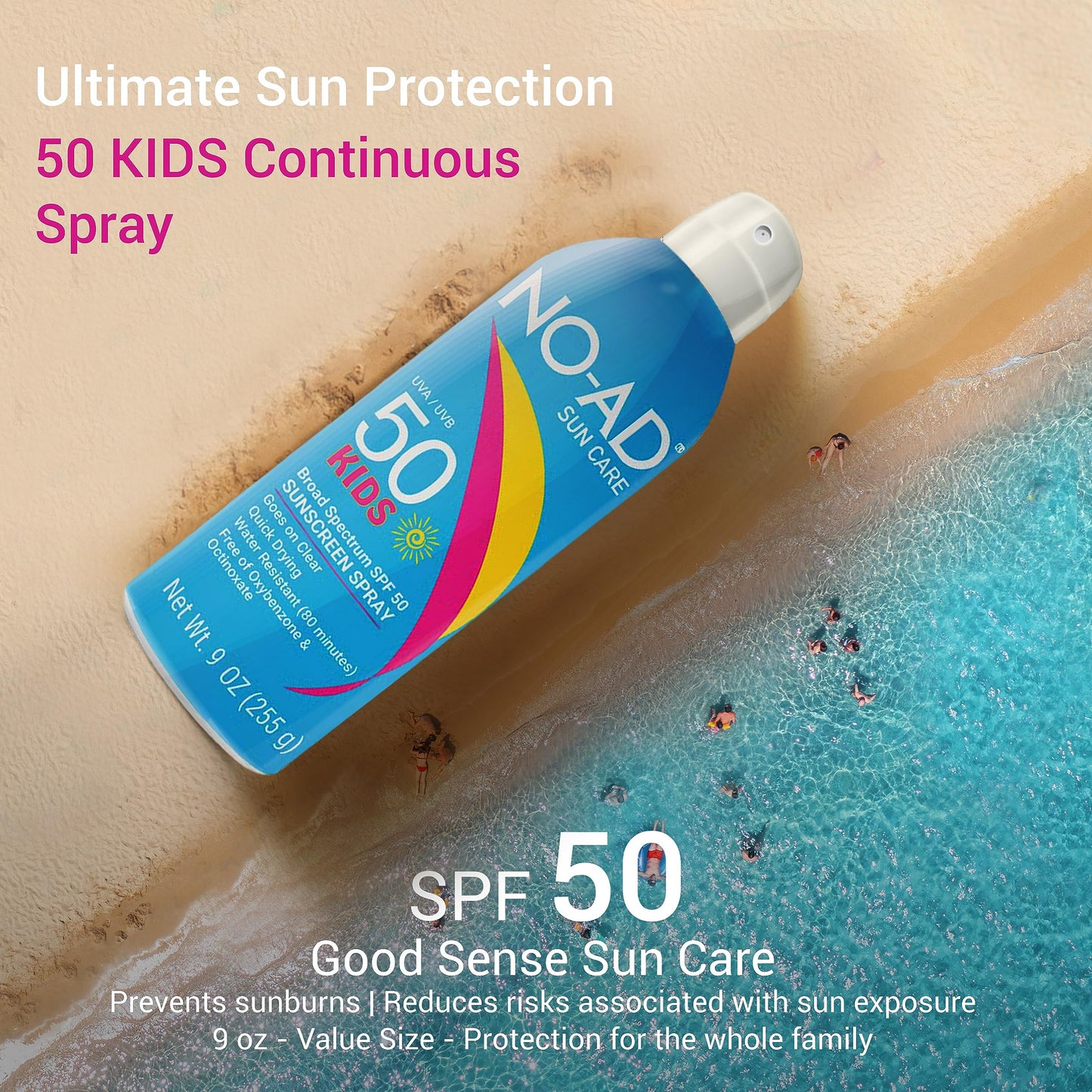 NO-AD KIDS SPF 50 Sunscreen Spray | Non-Greasy, Waterproof and Non toxic Sunscreen | Suitable for All Skin Types | Broad Spectrum Protection for Active Lifestyles | 9 oz