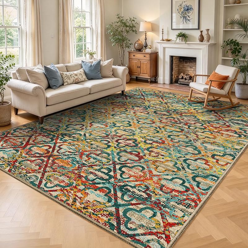 Grass Multicolor 8' x 10' Bohemian Washable Area Rug - Non-Slip, Stain-Resistant