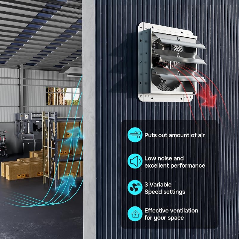 20 Inch Wall Mounted Exhaust Fan with Temperature Controller, Aluminum Louvers, 3368 CFM