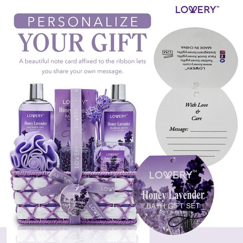 Valentines Day Gifts for Her, Bath and Body Gift Basket For Women & Men, Honey Lavender Home Spa Set with Essential Oil Diffuser, Soap Flowers, Bath Salts, Bubble Bath & More 13pc Presents for Mom