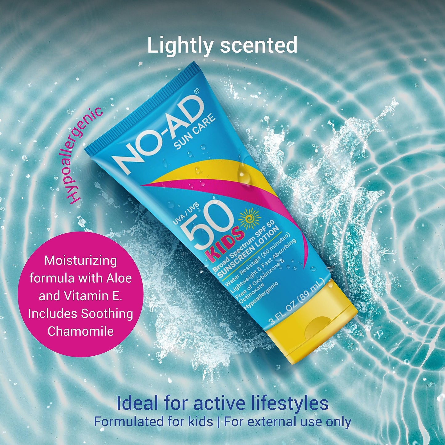 NO-AD KIDS SPF 50 Sunscreen Lotion | Non-Greasy and Waterproof Sunscreen | Suitable for All Skin Types | Broad Spectrum Protection for Active Lifestyles | 3 oz | Pack of 3