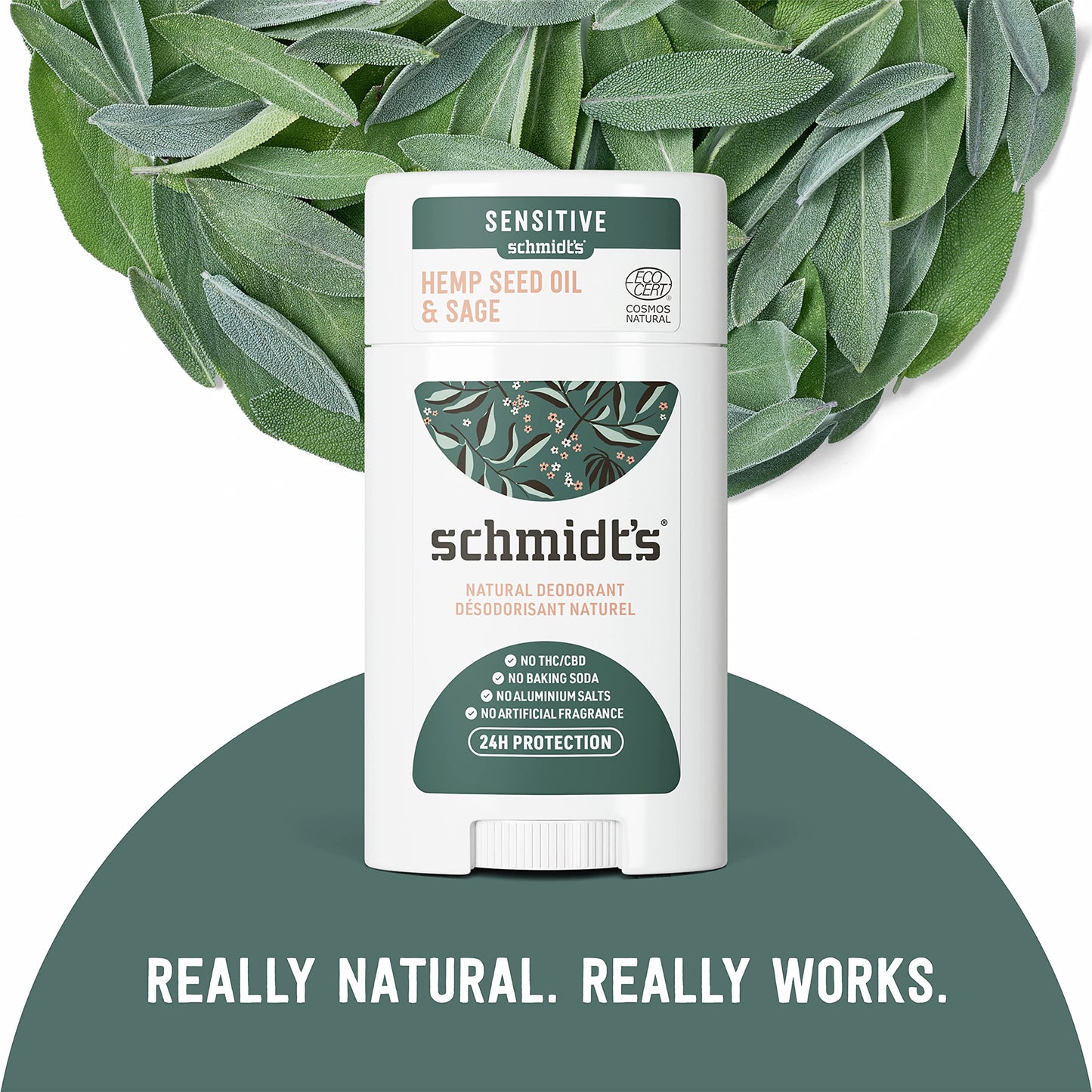 Schmidt's Aluminum Free Natural Deodorant for Women and Men, Hemp Seed Oil and Sage for Sensitive Skin with 24 Hour Odor Protection, Vegan, Cruelty Free, 2.65 oz