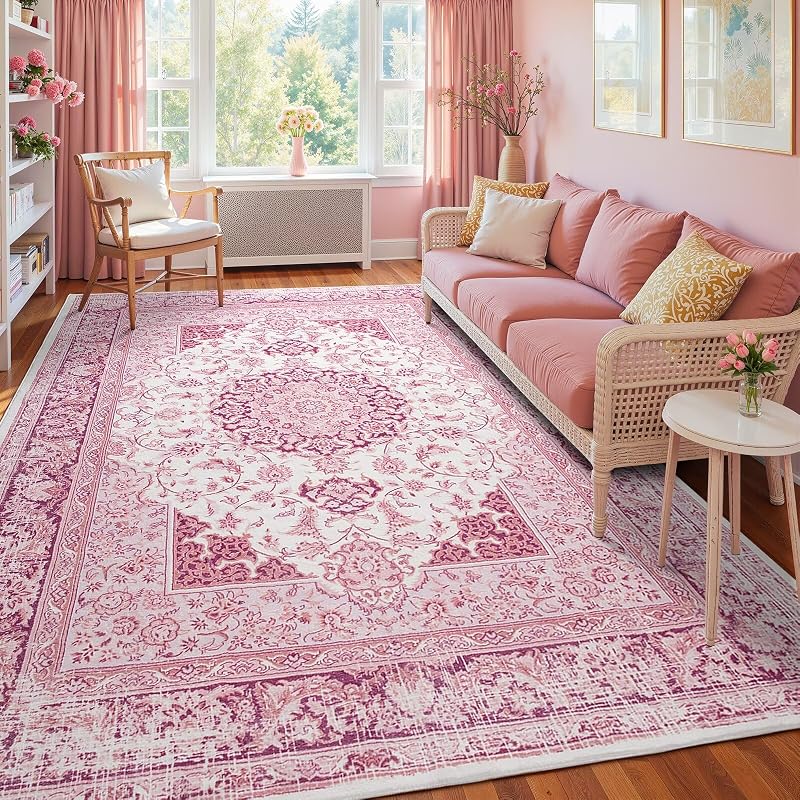 Washable Vintage Area Rug 8x10 - Pink Medallion Distressed Rug with Non-Slip Backing (Variation: Pink & White+8' x 10' Rectangular)