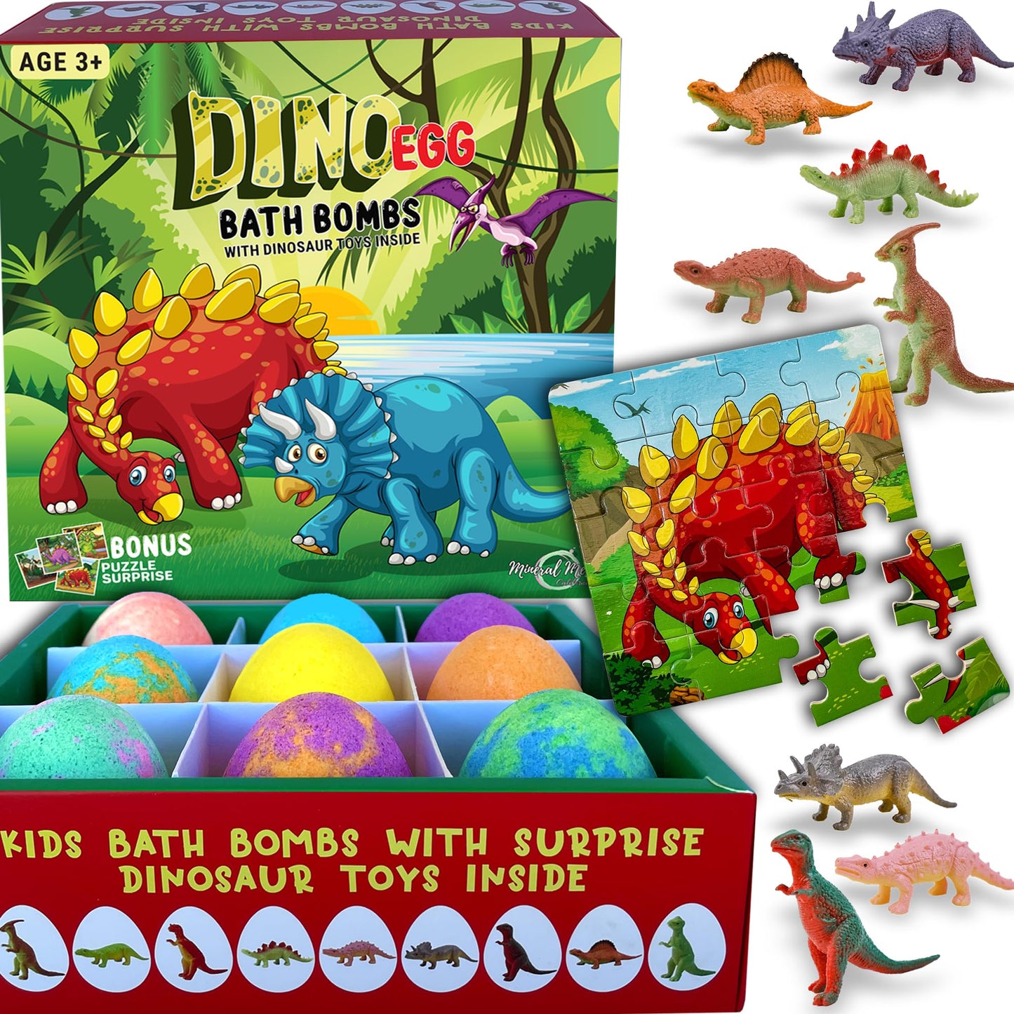 Bath Bombs for Kids with Surprise Toys Inside Plus Dinosaur Puzzle - 9 Organic Dino Egg Bath Bombs, Gentle and Kids Safe, Fizzy Balls with Rich Bubbles, Stocking Stuffers Christmas Gifts for Kids