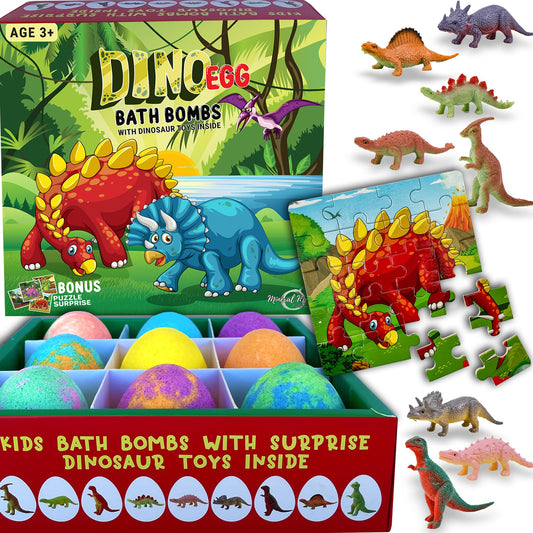 Bath Bombs for Kids with Surprise Toys Inside Plus Dinosaur Puzzle - 9 Organic Dino Egg Bath Bombs, Gentle and Kids Safe, Fizzy Balls with Rich Bubbles, Stocking Stuffers Christmas Gifts for Kids