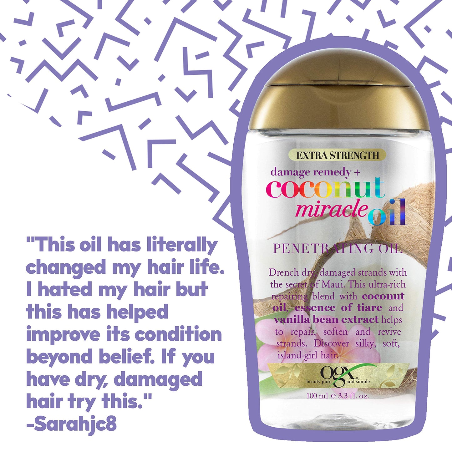 OGX Extra Strength Damage Remedy + Coconut Miracle Oil Penetrating Hair Oil Treatment, Extra Hydrating Anti-Frizz Oil for Coarse, Dry Hair, Paraben-Free, Sulfated-Surfactants Free, 3.3 Fl Oz