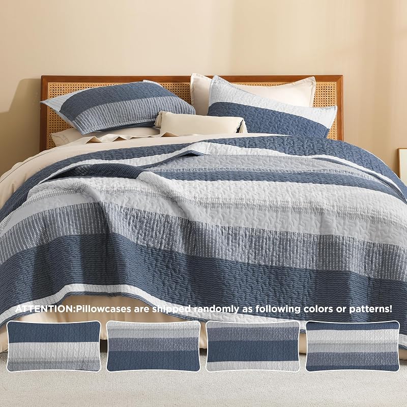 Litanika Super King Quilt Set Navy Blue Stripes - 3 Pcs 120" x 120" 2 Pillowcases (Variation 05)