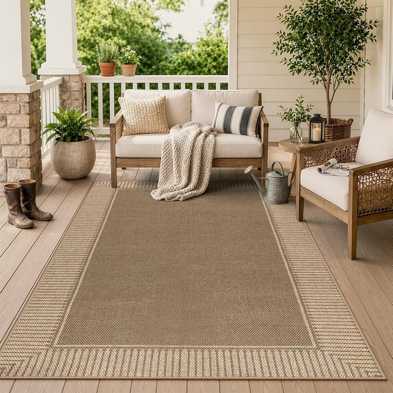 Brown 5' x 7' Jute-Inspired Indoor/Outdoor Rug - Striped Border, Non-Slip Backing
