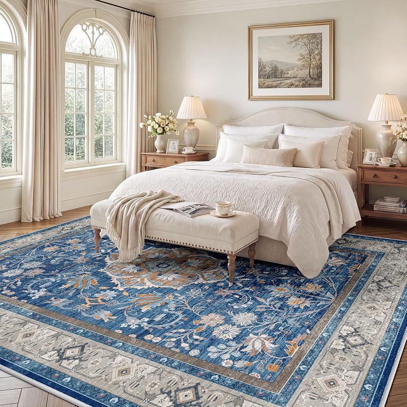 Blue 8x10 Area Rug - Vintage Distressed Persian Style, Machine Washable, Non-Slip Backing (Variation: Blue+8' x 10' Rectangular)