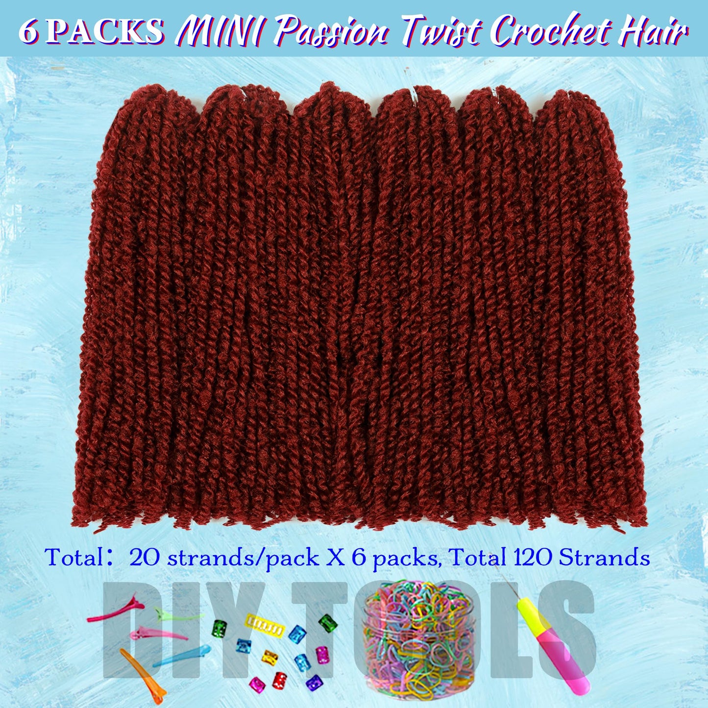 Mini Passion Twist Crochet Hair for Black Women-10 Inches 6 Packs Pure Burgundy Pre Twisted Elastic and Cuttable Hair Extensions,Braided by Soft Synthetic Twist Bohemian Curl(10"-6P,BUG#)