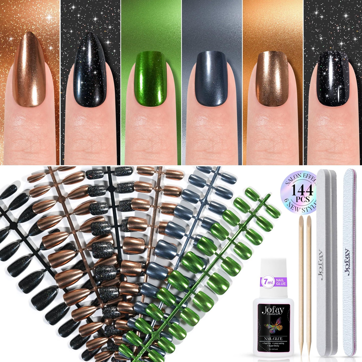 Chrome Press on Nails Short 6 Styles, Jofay Fashion 144Pcs Salon-Like Mirror Metal Stiletto Fake Nails with Glue, Glitter Artificial Acrylic False Nails for Party, Glue on Nails Press Ons in 12 Sizes