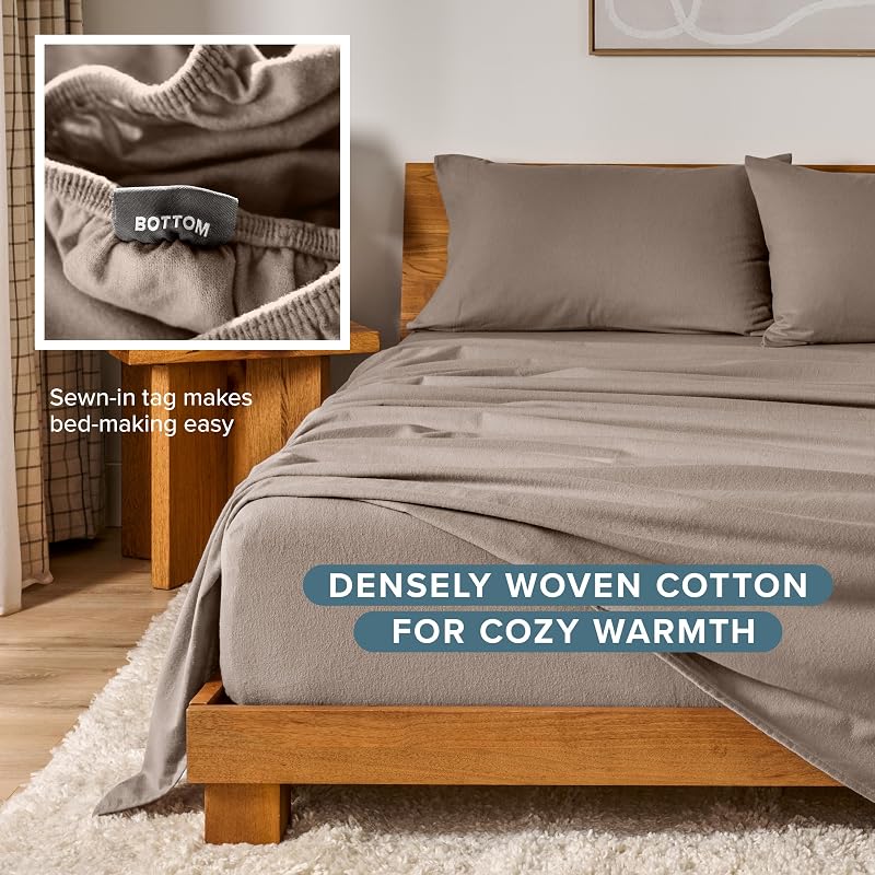 Bare Home 100% Cotton Flannel Sheet Set - Taupe, Split King (07) King Flat + 2 King Pillowcases