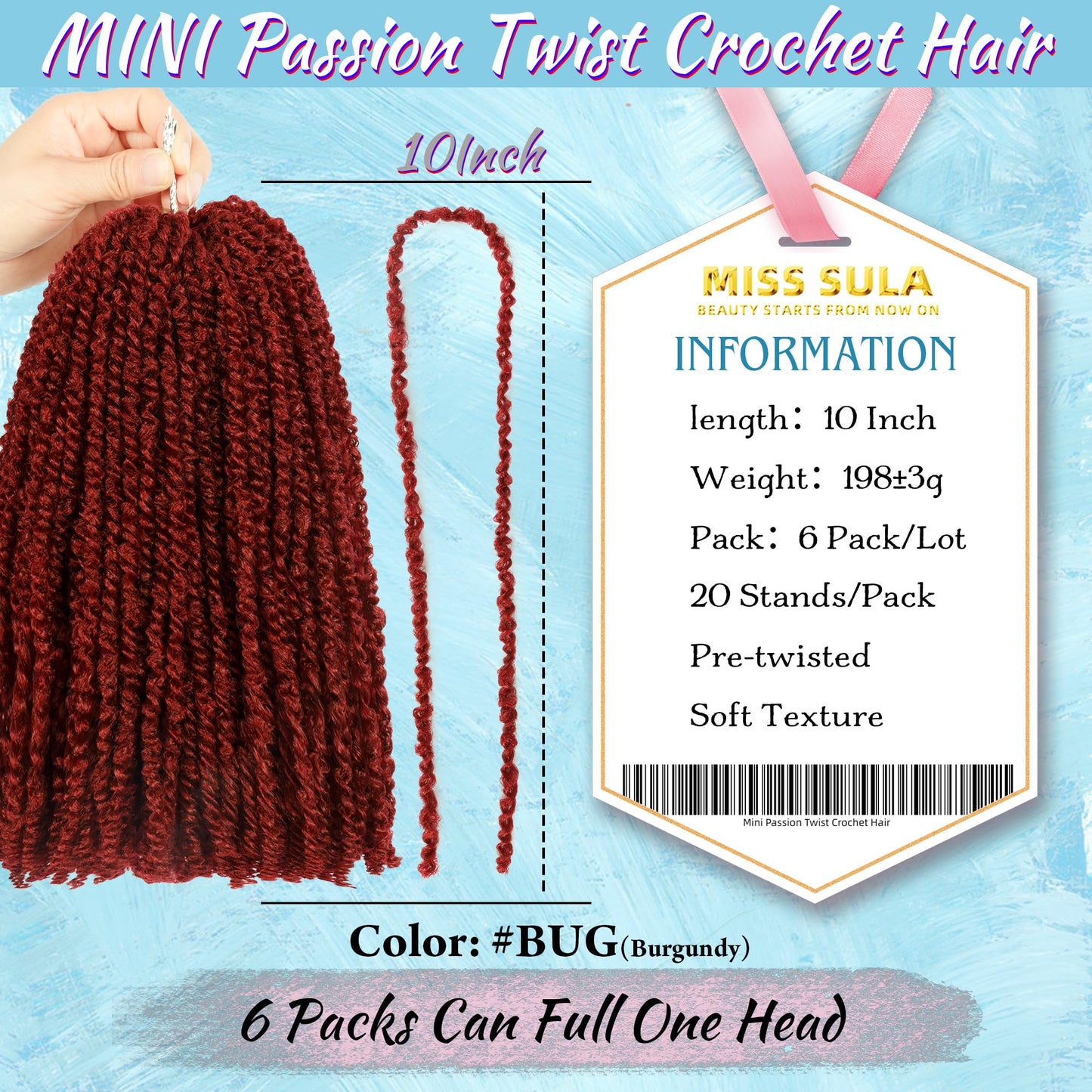 Mini Passion Twist Crochet Hair for Black Women-10 Inches 6 Packs Pure Burgundy Pre Twisted Elastic and Cuttable Hair Extensions,Braided by Soft Synthetic Twist Bohemian Curl(10"-6P,BUG#)