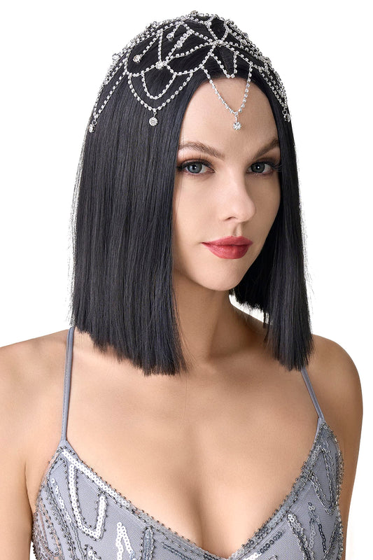 BABEYOND 1920s Crystal Cap Headpiece Rhinestone Head Chain Roaring 20s Great Gatsby Hair Accessories for Art Deco Party (Silver)