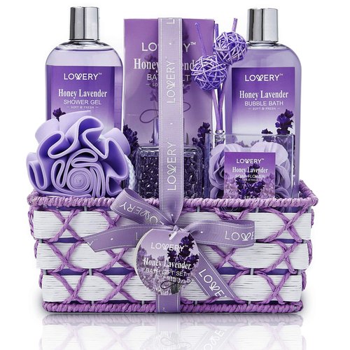 Valentines Day Gifts for Her, Bath and Body Gift Basket For Women & Men, Honey Lavender Home Spa Set with Essential Oil Diffuser, Soap Flowers, Bath Salts, Bubble Bath & More 13pc Presents for Mom