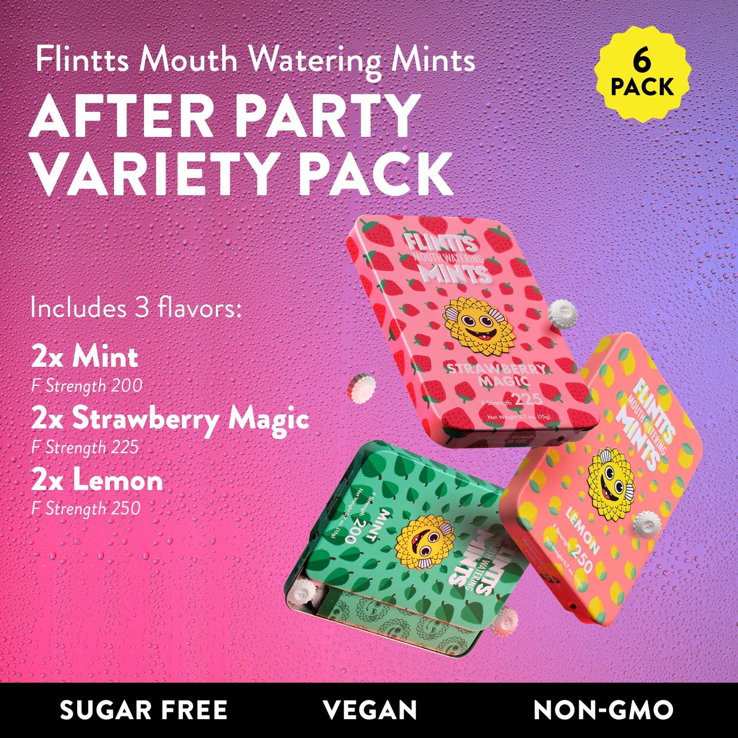 Flintts Mints 2x After Party Pack - Mint (2), Strawberry Magic (2), Lemon(2) - Sugar Free & Vegan, Mouth Watering Mints for Oral Health - Breath Freshener Mint Pocket Size - Dry Mouth Products