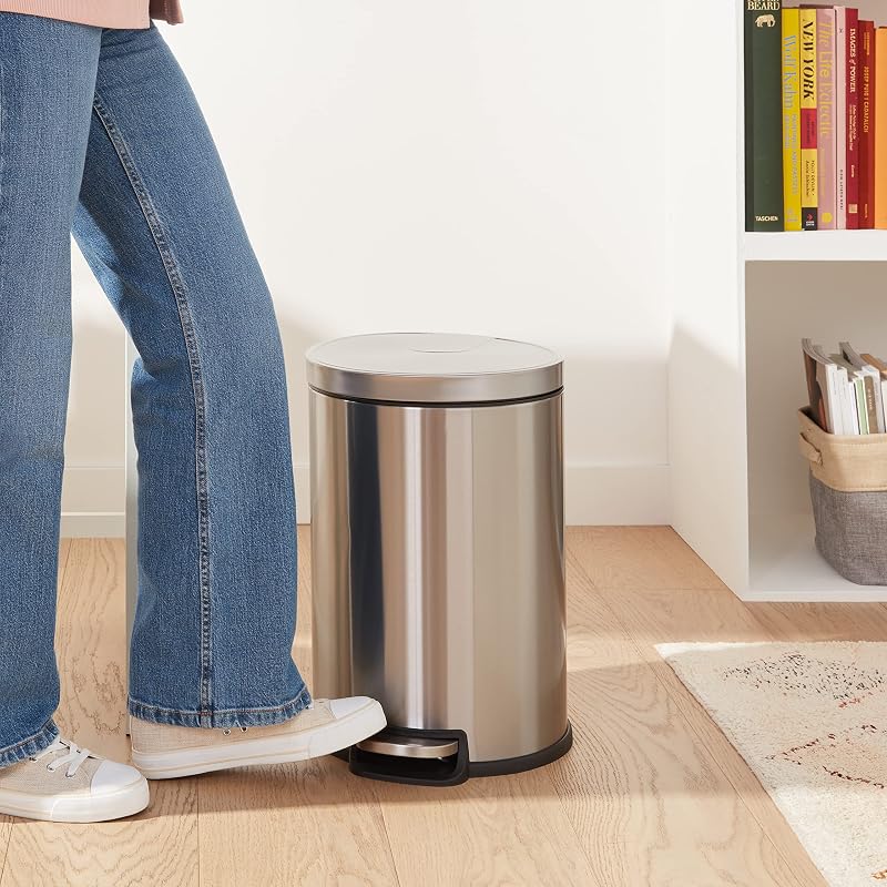 20L / 5.3 Gallon Brushed Stainless Steel Trash Can with Soft-Close Lid, Pedal & Removable Inner Bucket