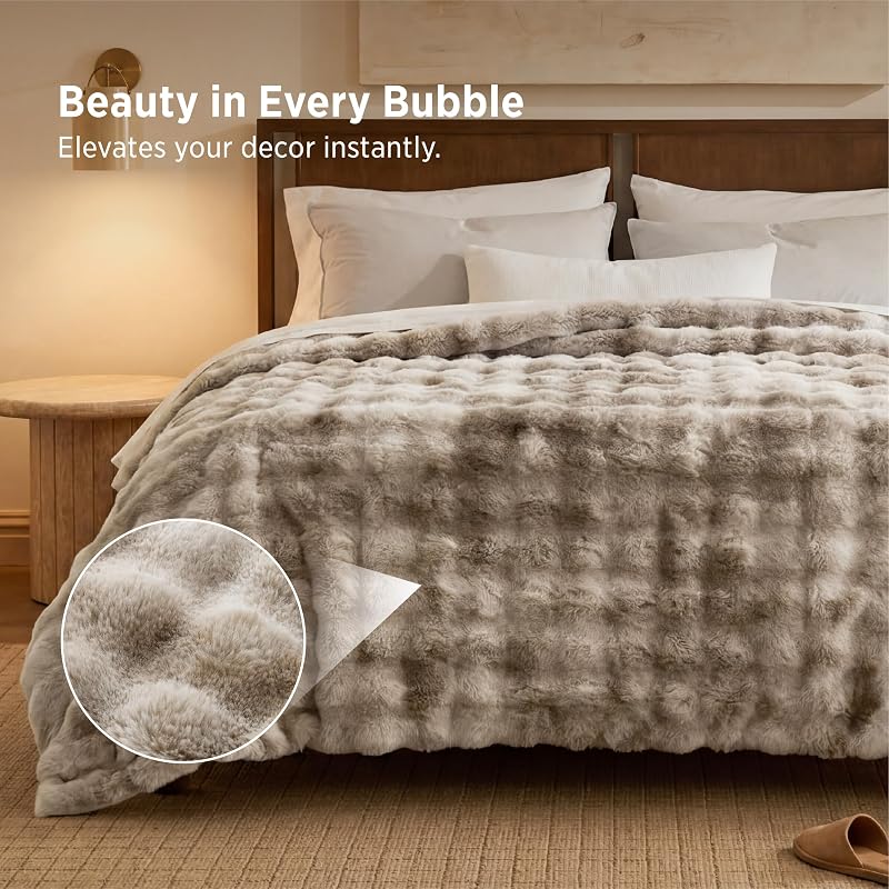 Bedsure Tie-Dye Taupe Fluffy Bubble Faux Fur Blanket Queen 90x90