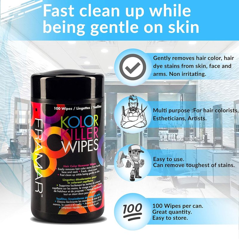 Framar Kolor Killer Wipes – Hair Dye Remover For Skin, Hair Color Remover For Dyed Hair, Gentle on Skin, Pleasant Scent – Wipes Dispenser of 100