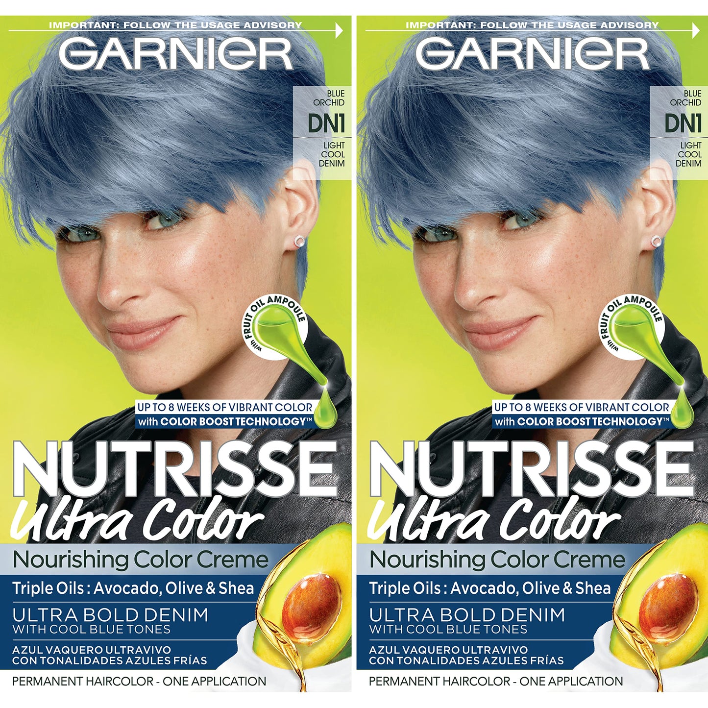 Garnier Hair Color Nutrisse Ultra Color Nourishing Creme, DN1 Light Cool Denim (Blue Orchid) Permanent Hair Dye, 2 Count (Packaging May Vary)