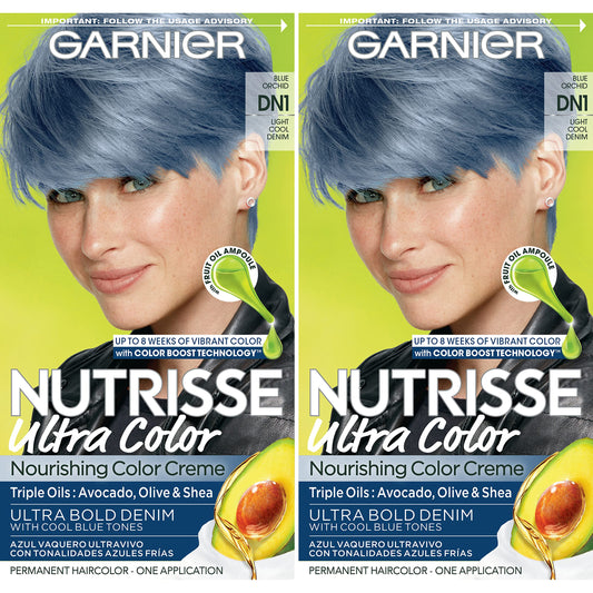 Garnier Hair Color Nutrisse Ultra Color Nourishing Creme, DN1 Light Cool Denim (Blue Orchid) Permanent Hair Dye, 2 Count (Packaging May Vary)