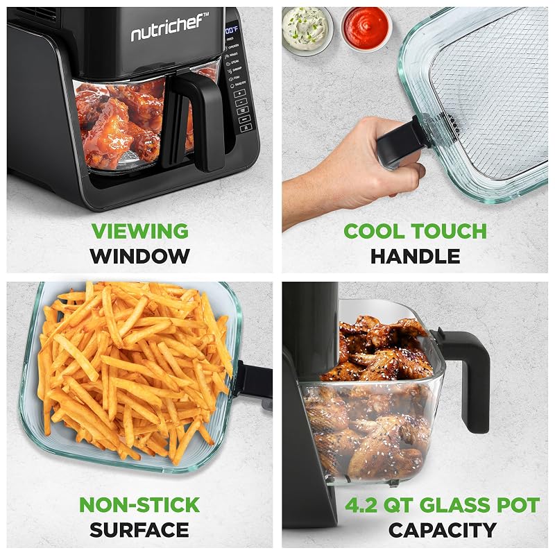NutriChef 4 Qt Air Fryer & Grill - 1500W, 7-In-1, Double-Decker Glass Pot 4L, Black
