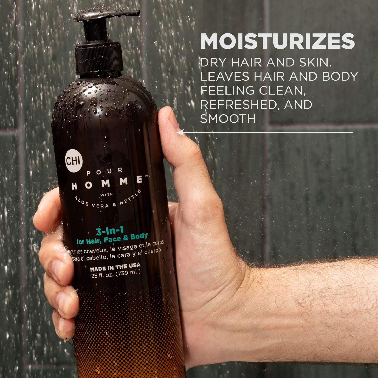 CHI Pour Homme 3-in-1 Cleansing & Moisturizing Hair, Face & Body Wash, Made With Aloe Vera & Nettle, Fresh, Woody Scent, Sulfate-Free, 11.5 oz